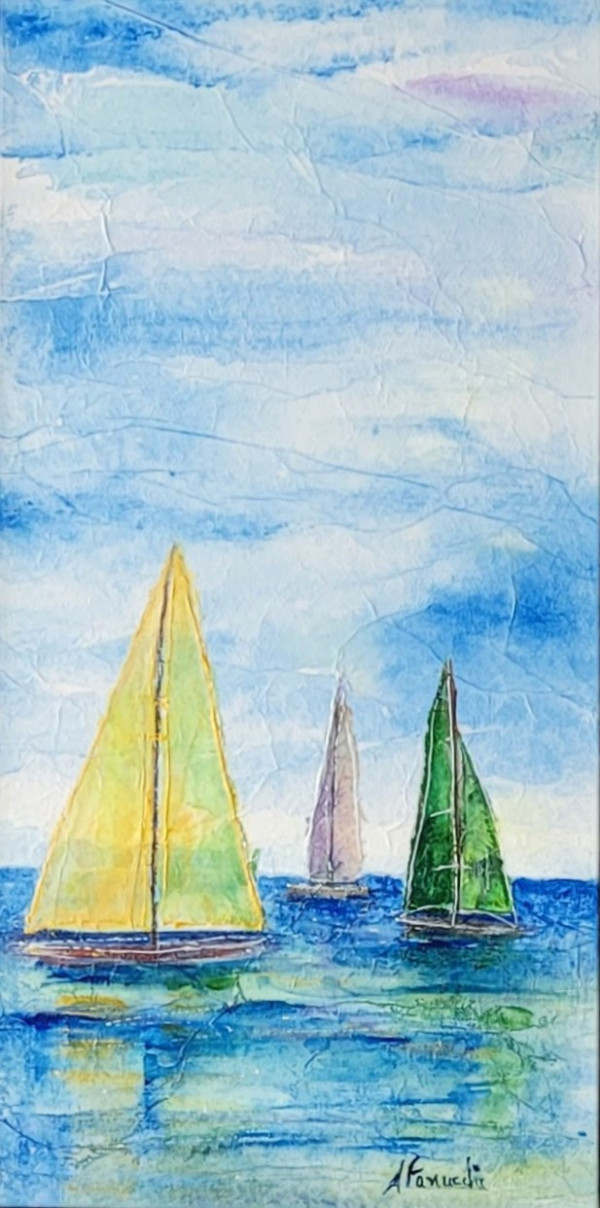Trois voiliers sur l'eau. Tableau partie un d'un diptyque. Acryliqe et papier de soie sur toile